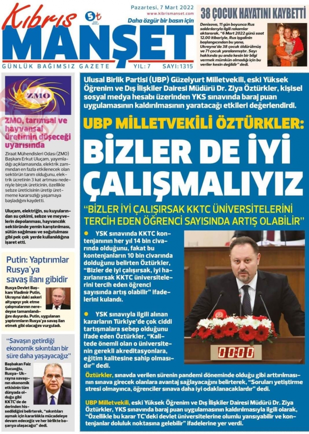 7 Mart 2022 Pazartesi Gazete Manşetleri 12