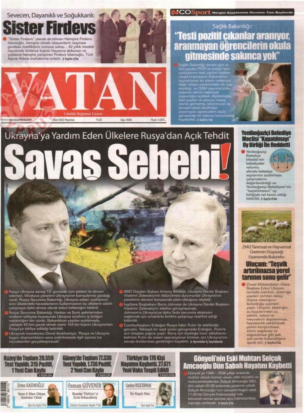 7 Mart 2022 Pazartesi Gazete Manşetleri 4