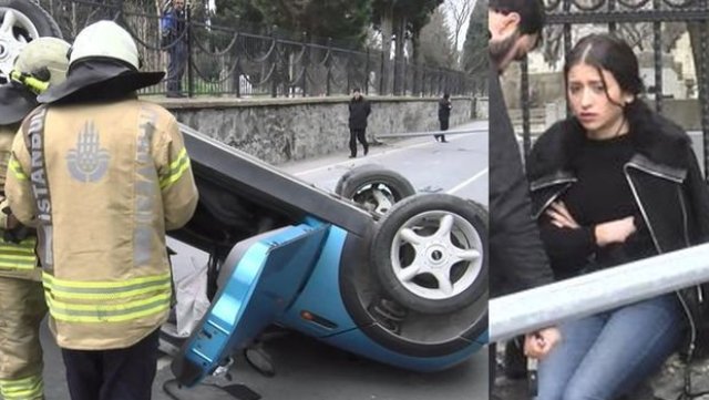 Zeytinburnu'nda üniversite öğrencisi genç kız otomobiliyle takla attı