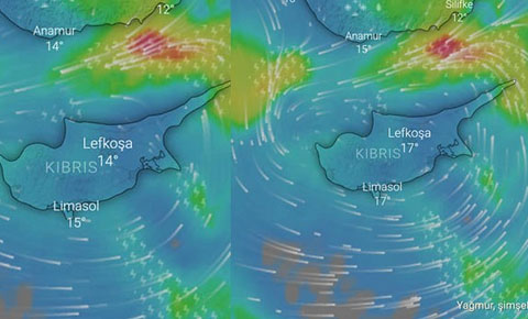 Kıbrıs'ın bugün saat 12:00 ile 14:00 arası harita ile durumu