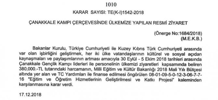 Çanakkale Kamp liderlerinin KKTC ziyaretine 380 BİN TL