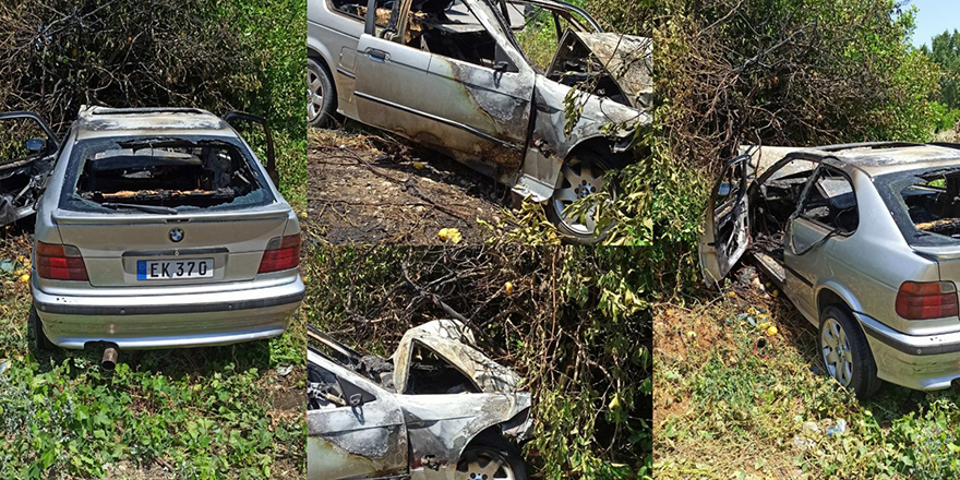 Narenciye bahçesine savrulan araç alev aldı