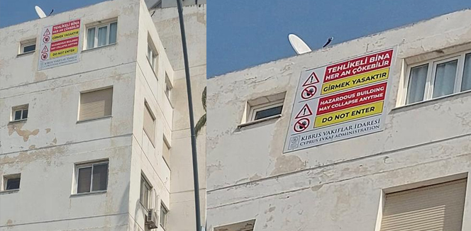 Deniz Yıldızı (Laguna) Apartmanlarına, binanın her an çökebileceğini anlatan uyarı levhaları yerleştirildi