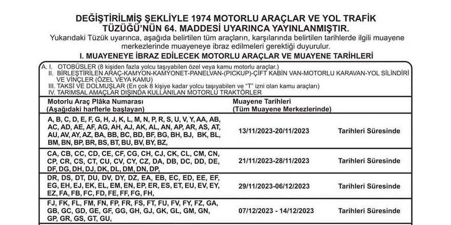 2023 - 2024 Yılı Motorlu Araçlar Muayene tarihleri belli oldu
