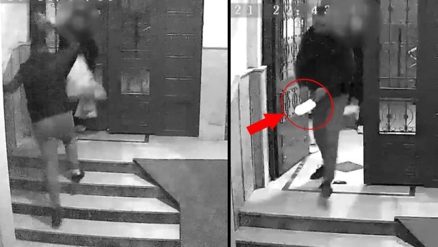 Apartman girişinde bir kadına satırla saldıran şahıs kamerada!