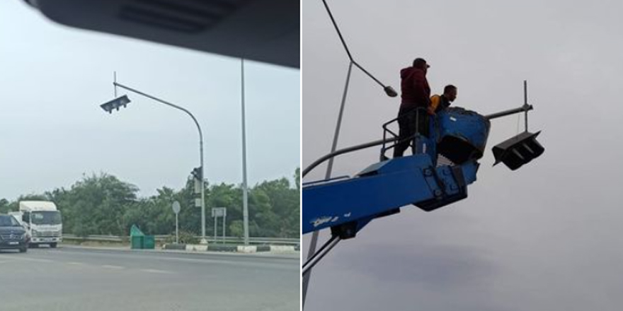 Trafik ışığı yerinden koptu!