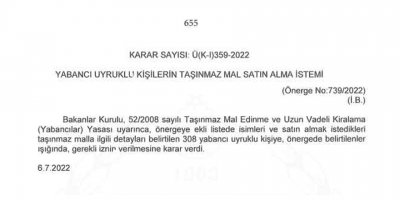 329 yabancı uyruklu şahsa taşınmaz mal satın alma izni verildi