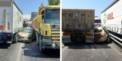 Dağ yolunda feci kaza! İki kamyon arasında sıkıştı